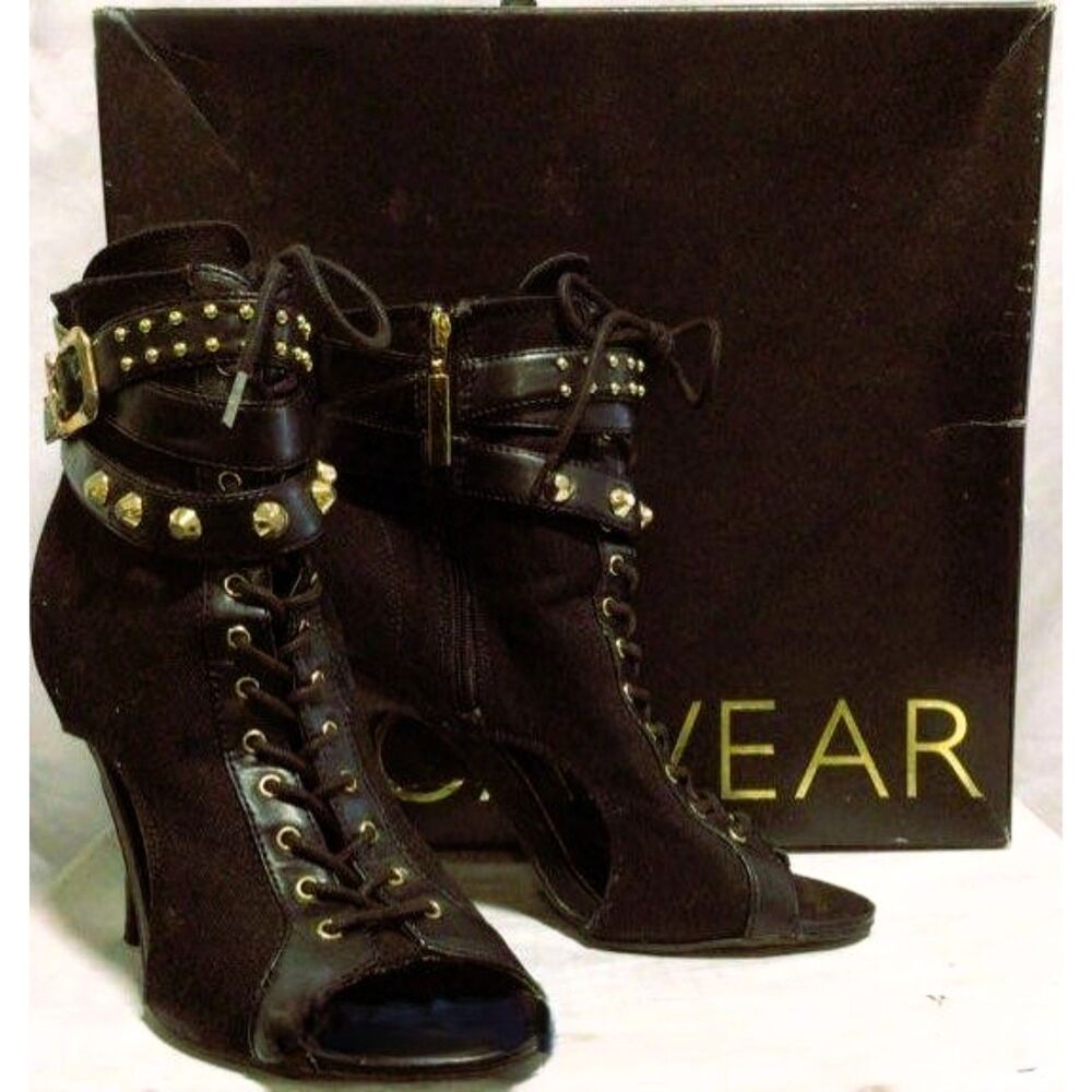 Rocawear Ladies Black with Gold Spike Studs Lace & Zip Up Heeled Boots Size 8
